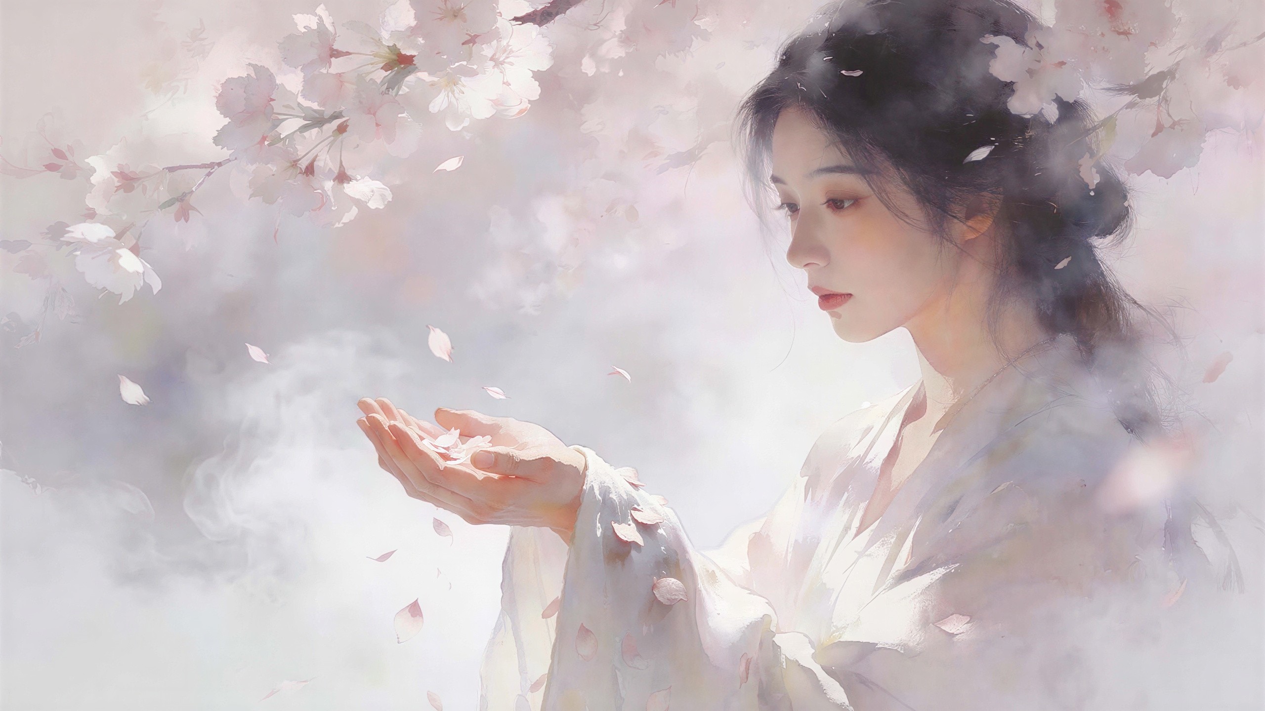 Digital watercolor painting of a woman with petals