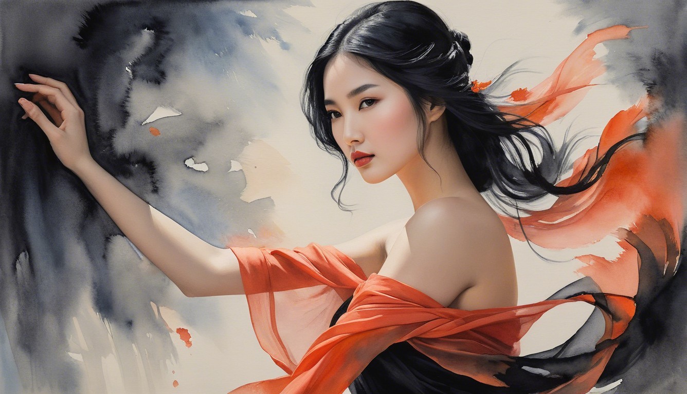 Ethereal Woman in Red Against Soft Abstract Background