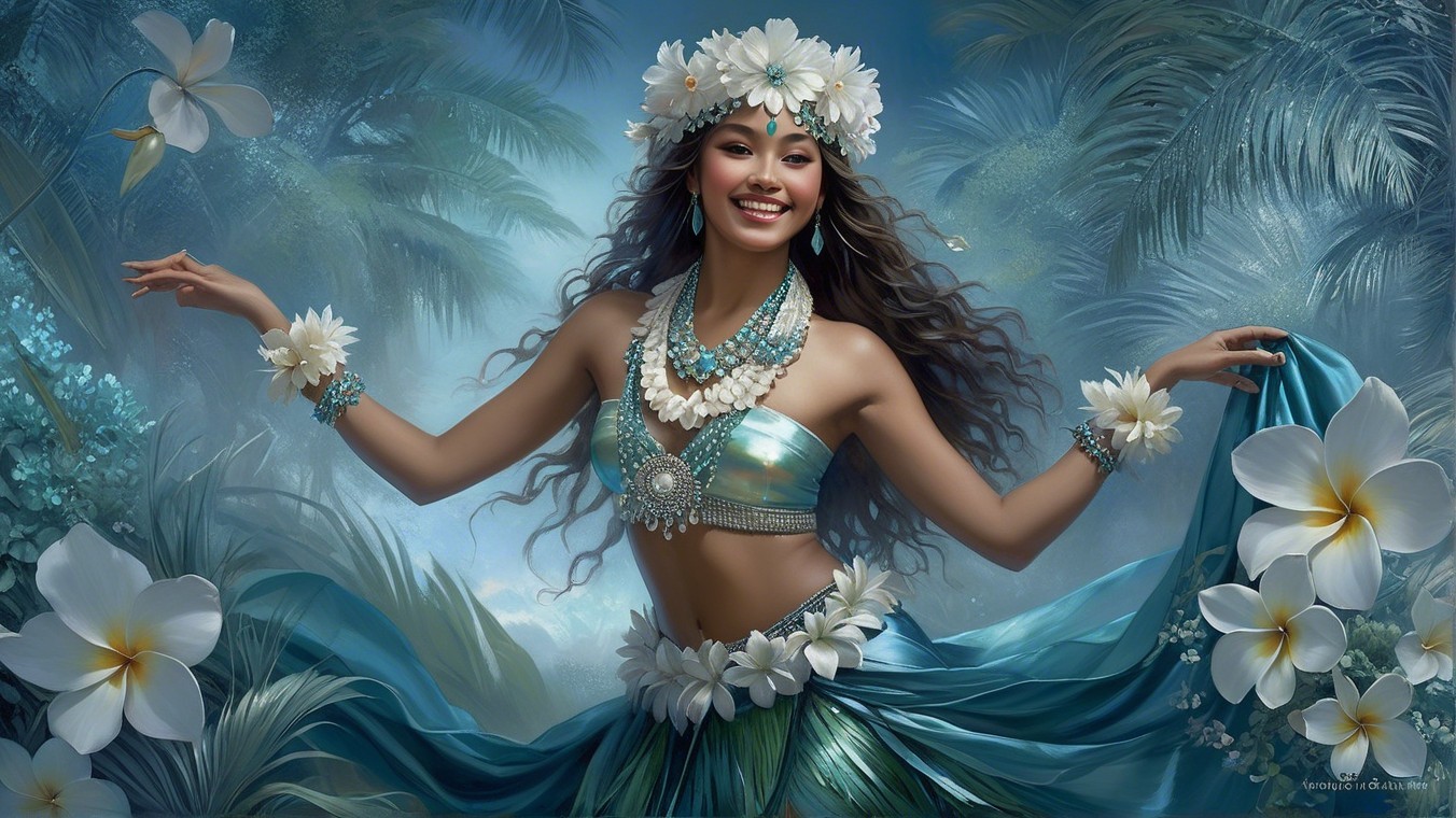 Joyful Hula Dancer in Turquoise Skirt and Floral Accents