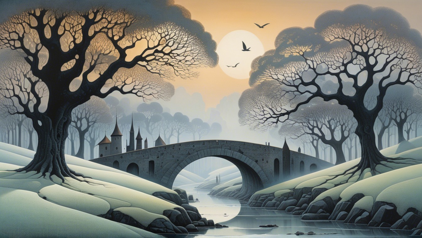 Serene Landscape with Stone Arch Bridge and Castles