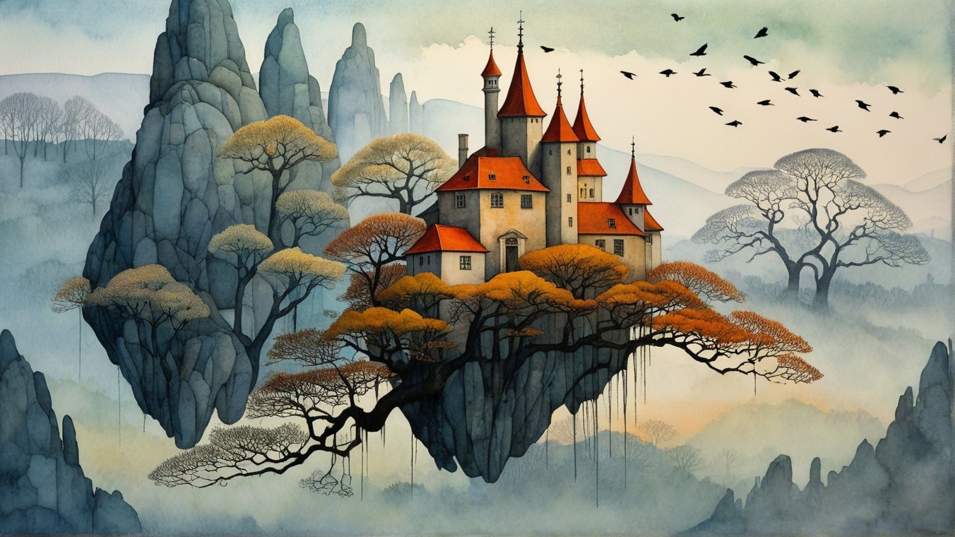 Whimsical Castle on a Floating Island with Autumn Foliage