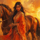 Woman in Red Attire with Horse at Sunset Landscape