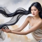 Portrait of a woman in flowing dress with abstract background