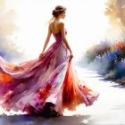 Elegant Woman in Flowing Dress with Watercolor Flowers