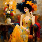 Woman in Yellow Floral Dress in Ornate Chair