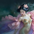 Elegant figure in gold and pastel flowing attire