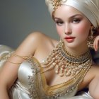 Elegant Woman in Gown Against Cloudy Background