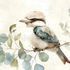 Watercolor of Kookaburra on Branch with Detailed Feathers