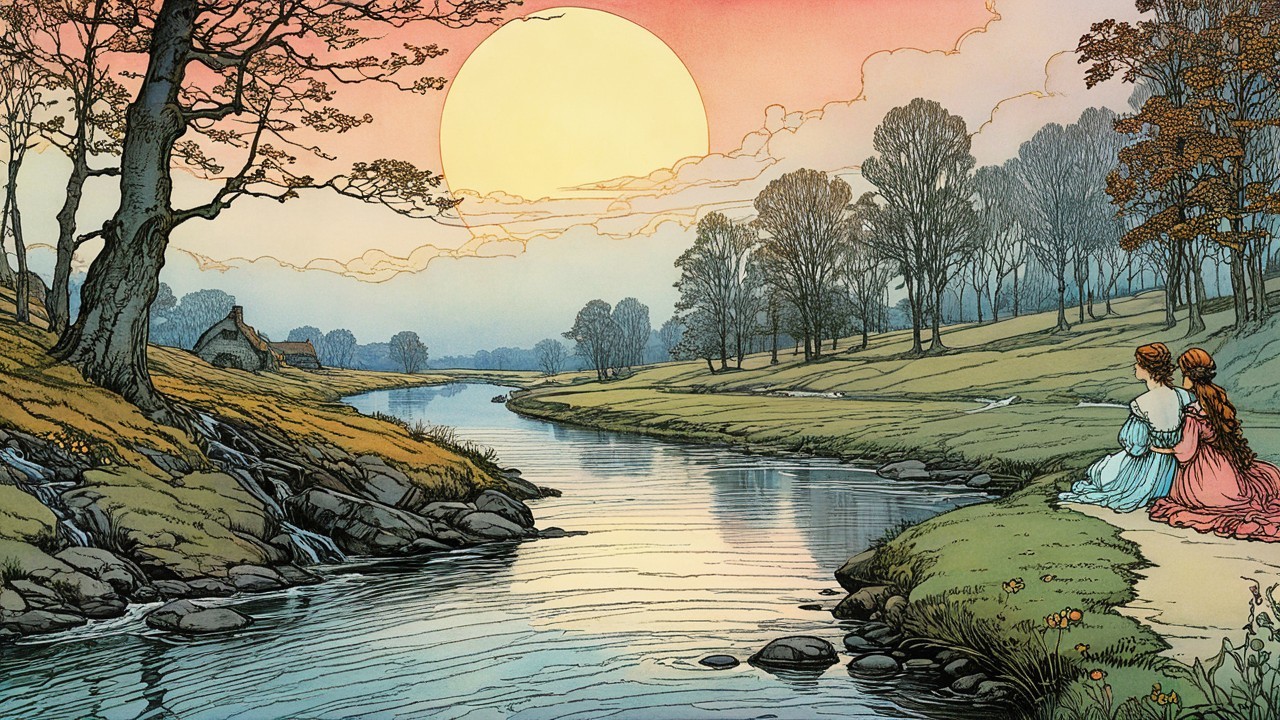 Tranquil River Landscape with Autumn Colors and Companionship
