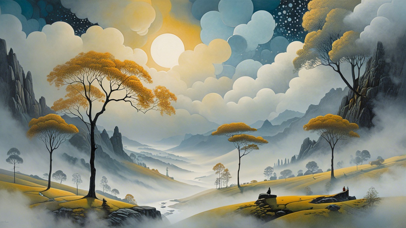 Serene landscape with misty hills and golden trees