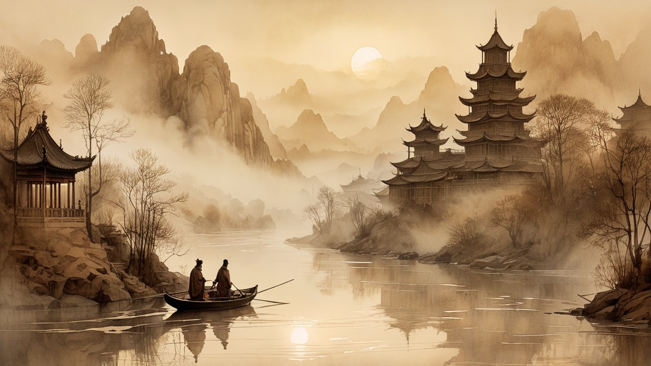 Serene Dawn Landscape with Mountains and Pagoda