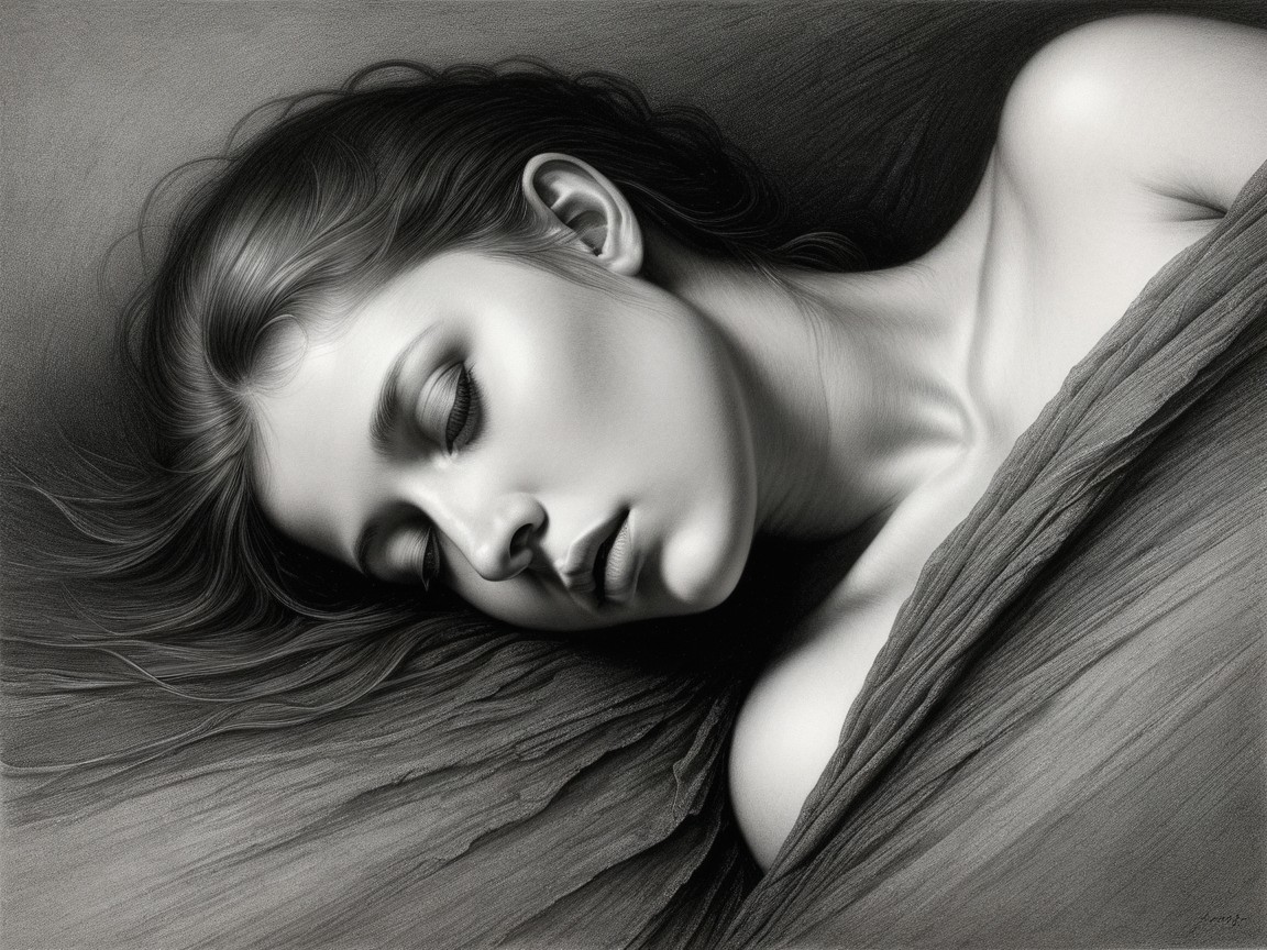 Black-and-white drawing of a serene young woman