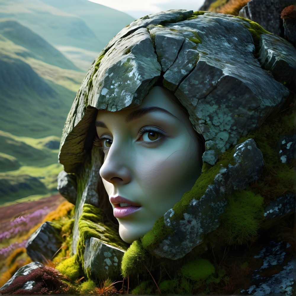 Human Face Emerging from Rocky Formation with Nature