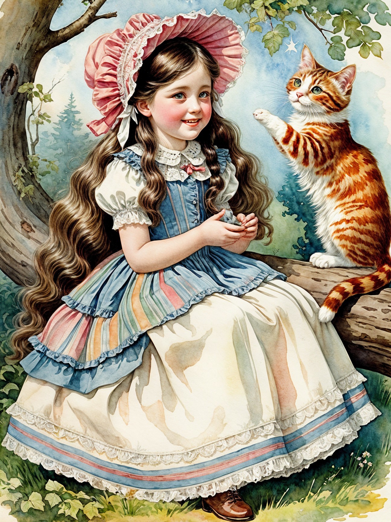 Young girl on tree branch with cat in vintage dress