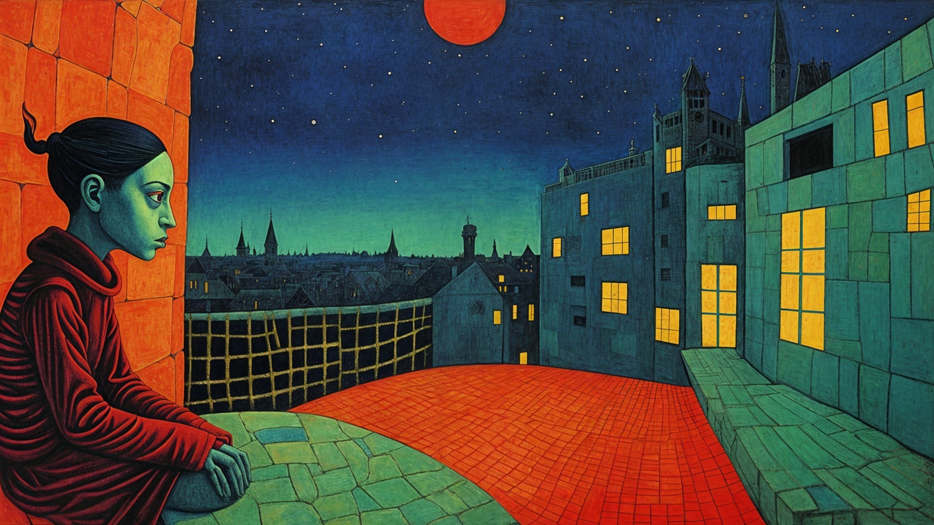 Young Woman on Ledge Under Red Sun and Starry Sky