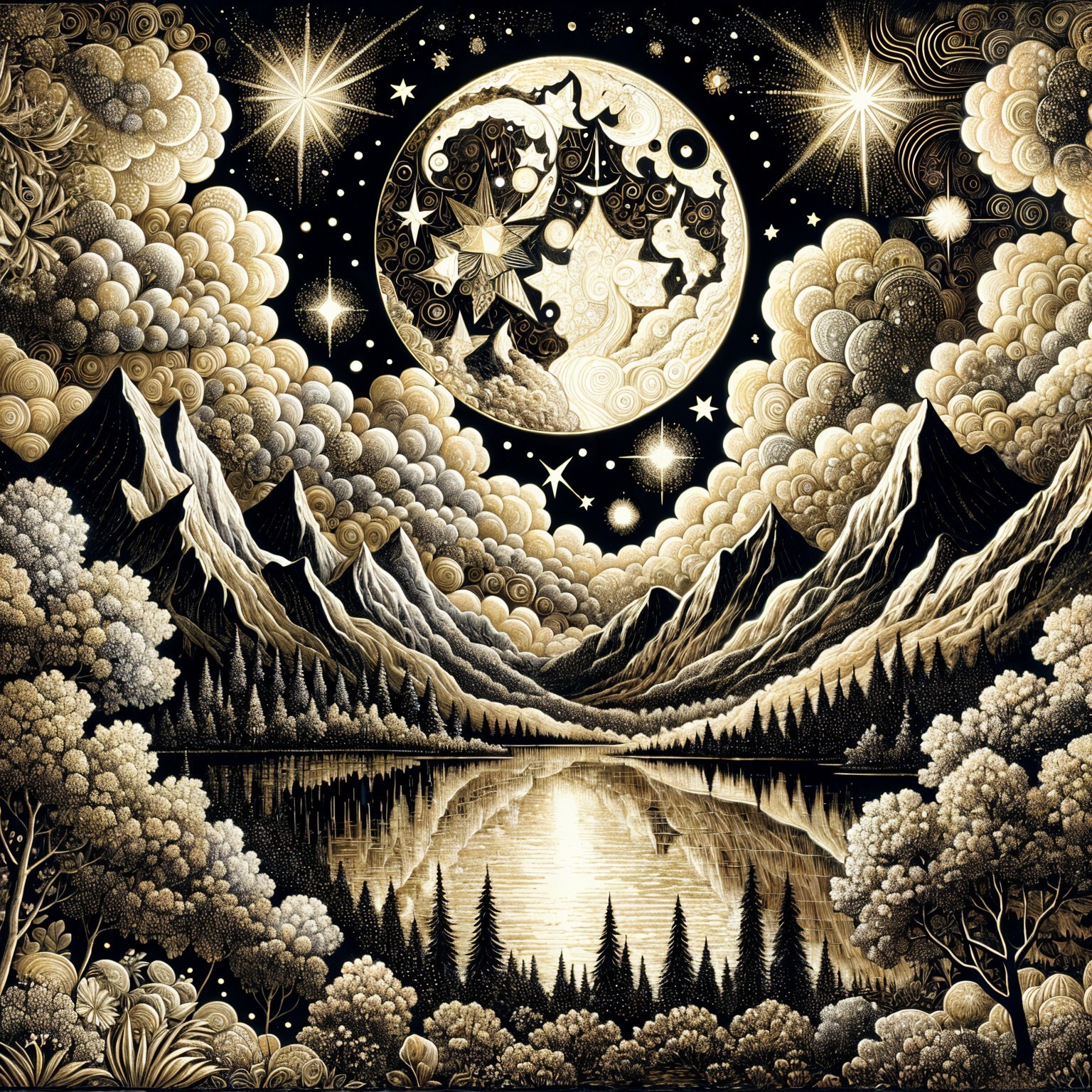 Majestic Mountains and Starry Sky Landscape Art