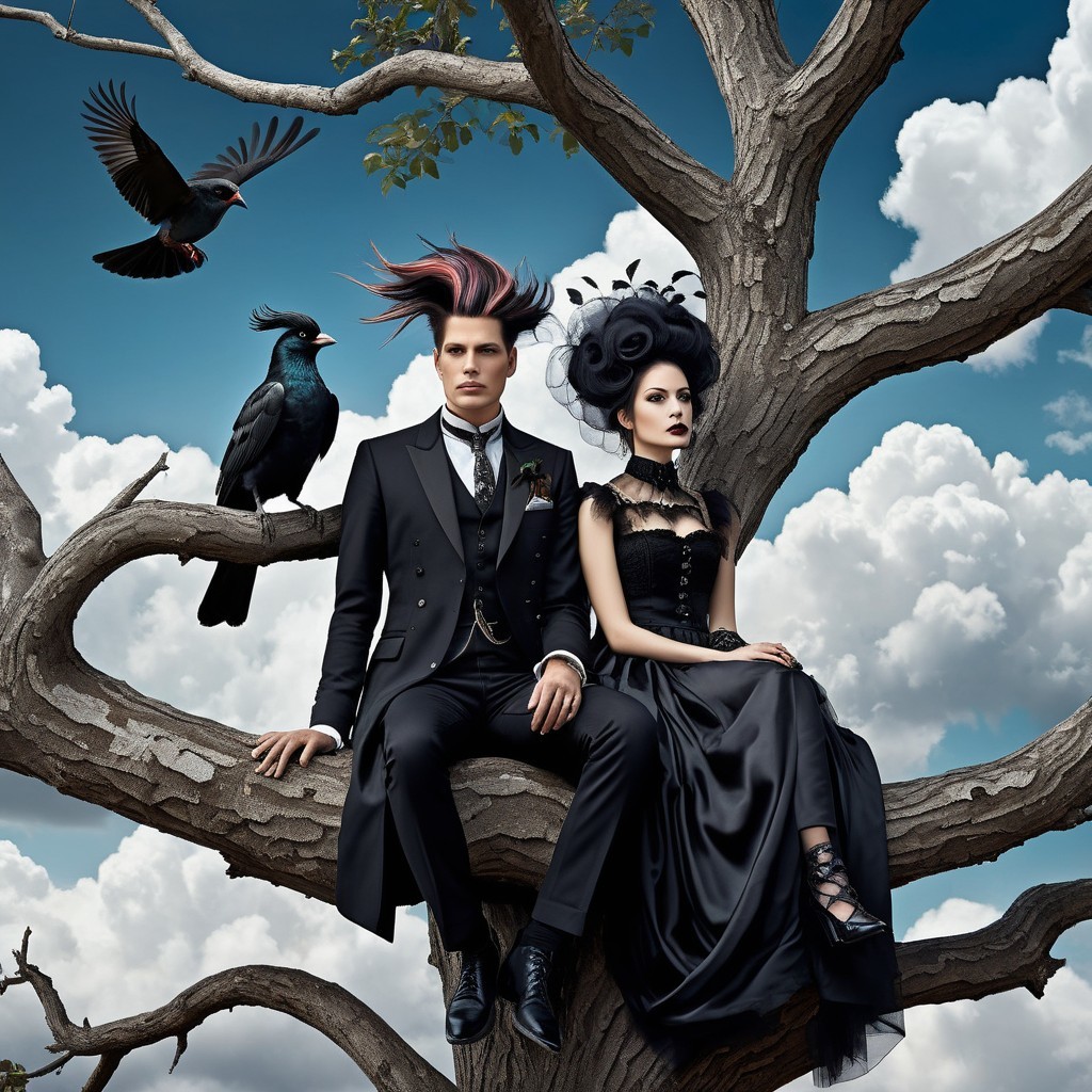 Elegant Couple on Gnarled Tree Branch Under Dramatic Sky