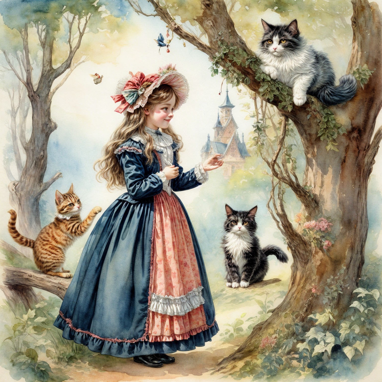 Whimsical Forest Scene with Cats and a Castle