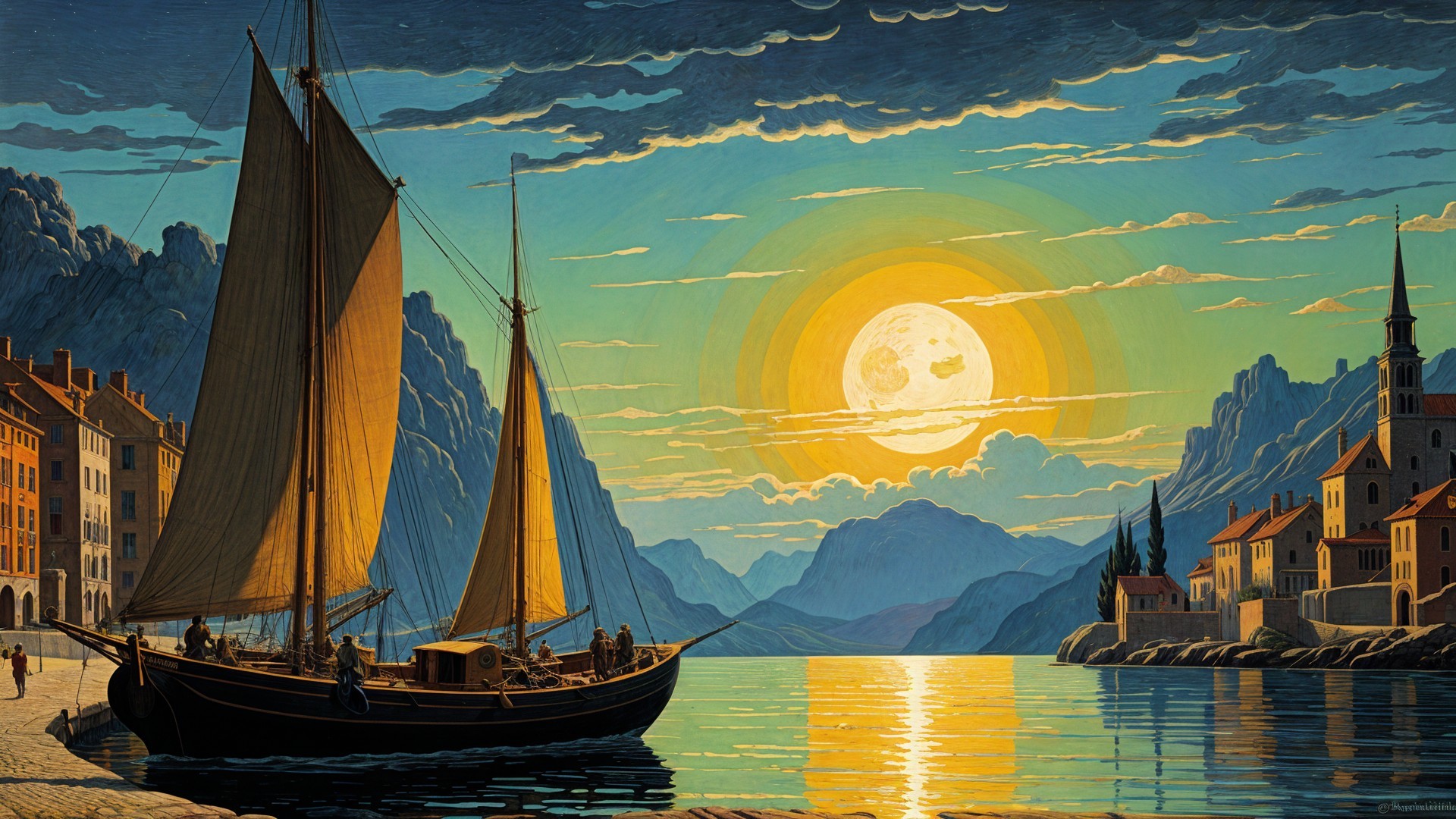 Coastal Sunset with Sailing Boat and Mountain View