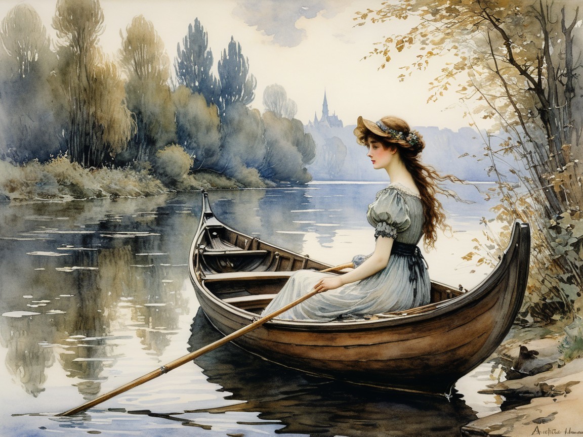Tranquil River Scene with Woman in Rowboat