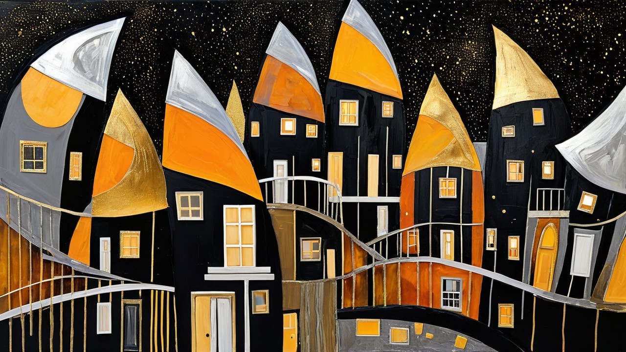 Abstract Painting of Whimsical Houses at Night