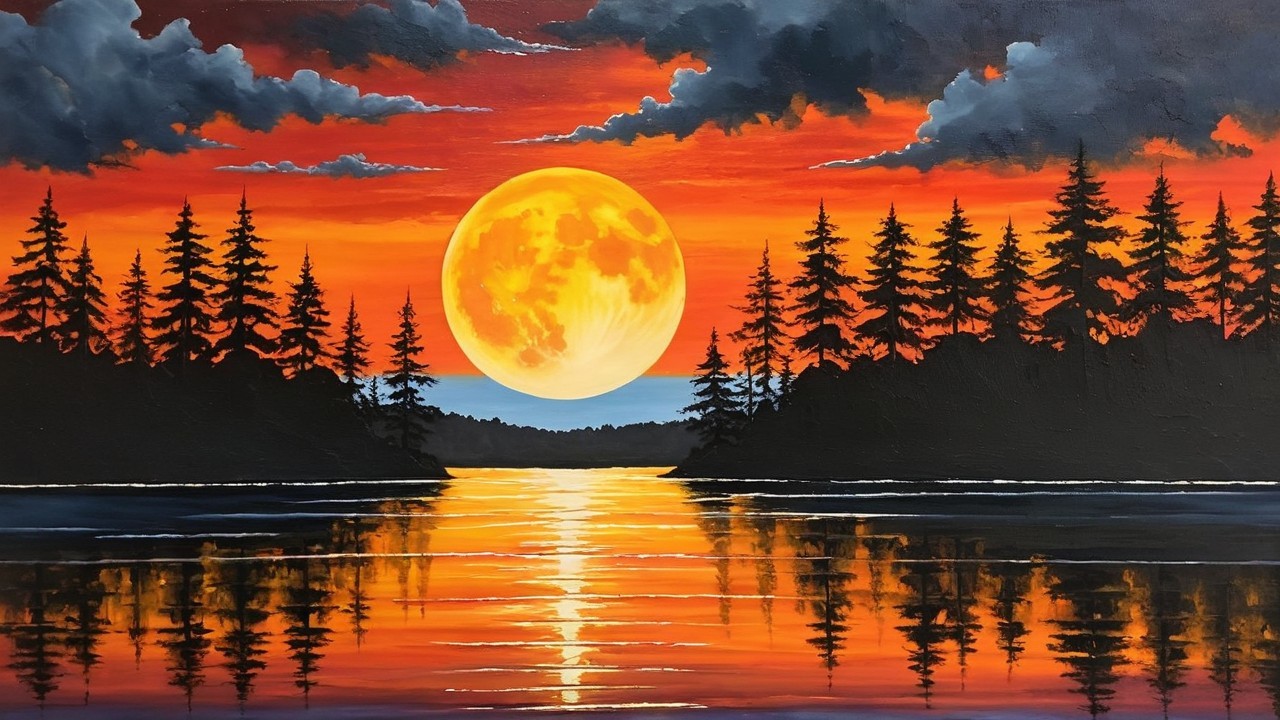 Vibrant sunset over a serene lake with moonlight