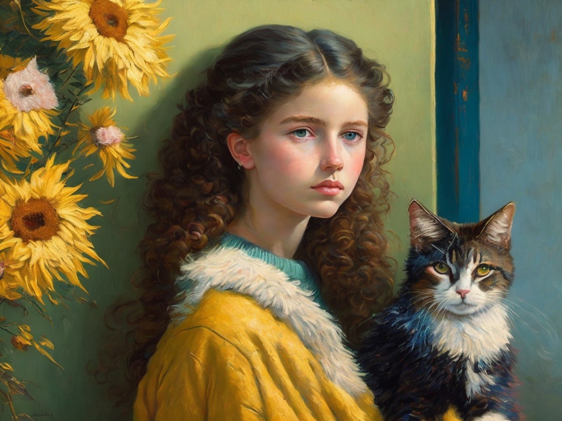 Young girl in yellow coat with cat among sunflowers