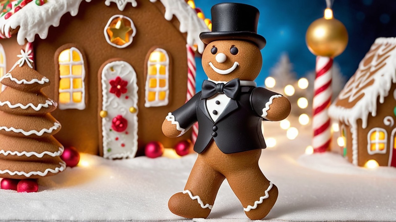 Gingerbread Man in Tuxedo by Whimsical Gingerbread House