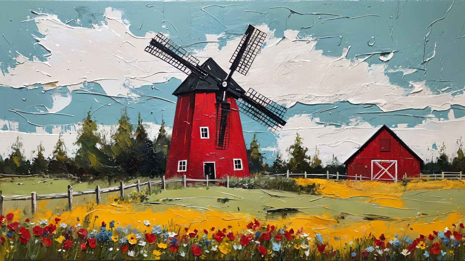 Vibrant Landscape with Red Windmill and Colorful Flowers