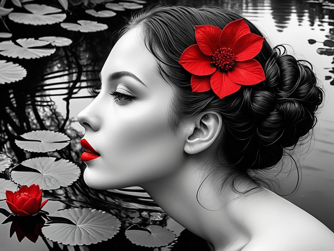 Black and White Portrait of a Woman with Water Lilies