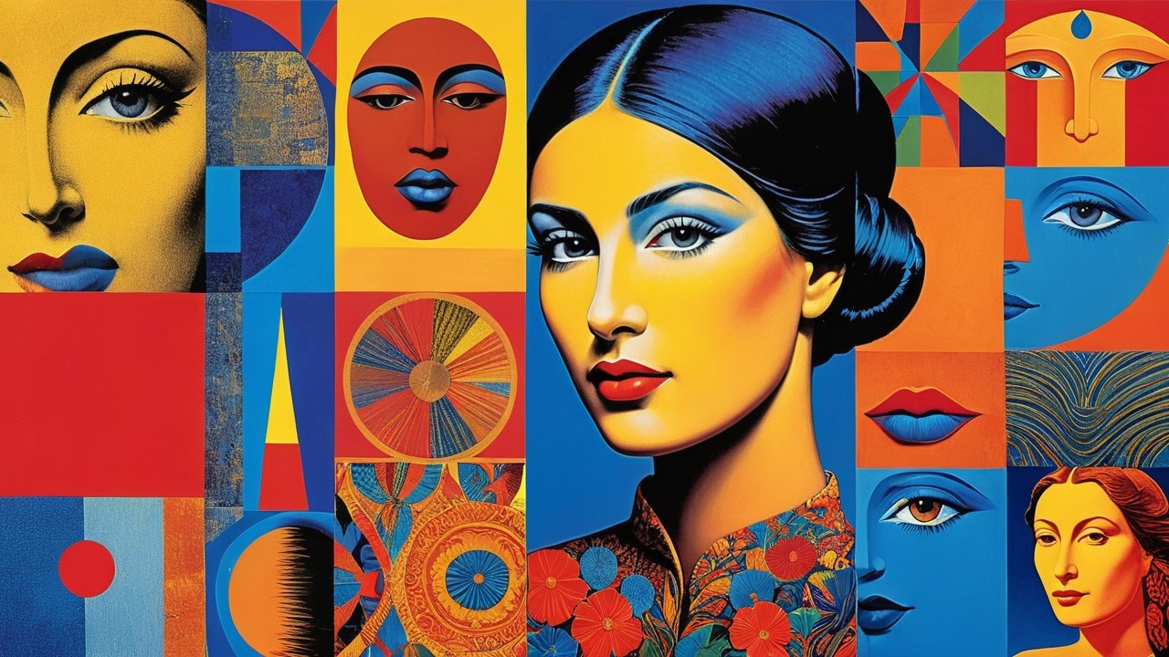 Vibrant Collage of Stylized Faces and Geometric Patterns