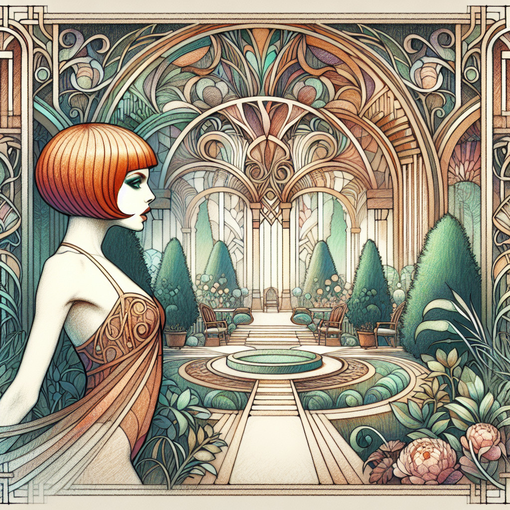 Art Deco Garden with Fountain and Stylized Figure