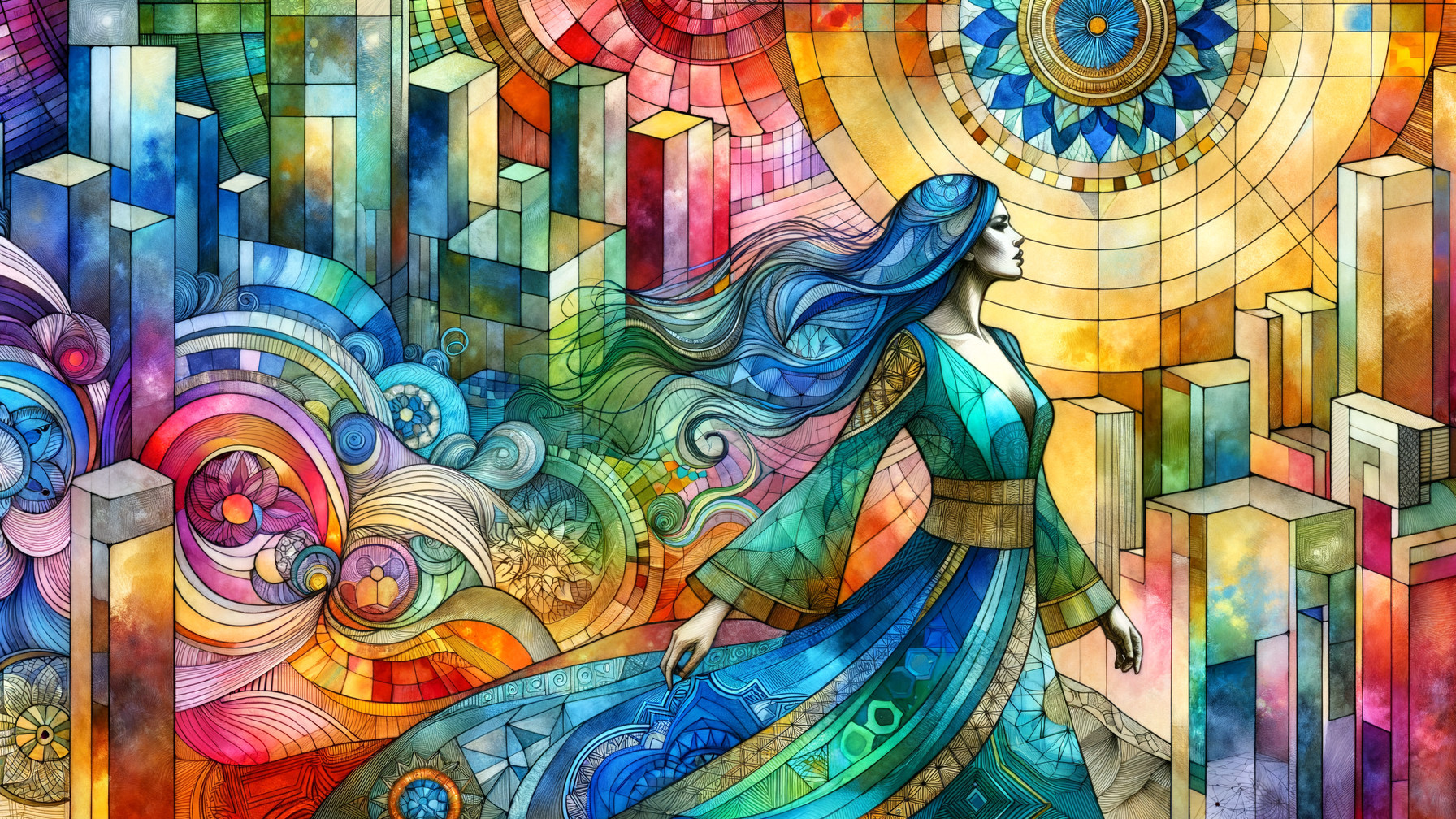 Vibrant Stained Glass Artwork of Serene Woman
