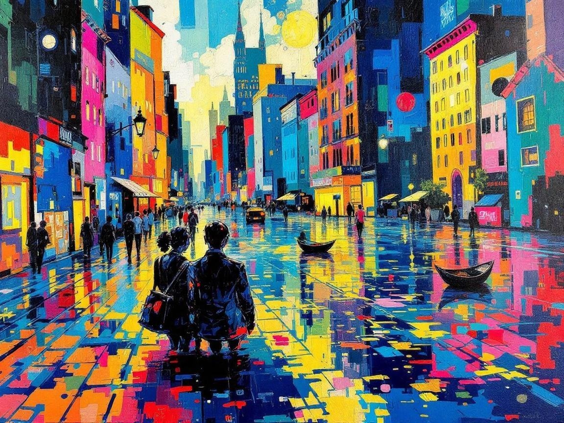 Vibrant Cityscape at Dusk with Colorful Reflections