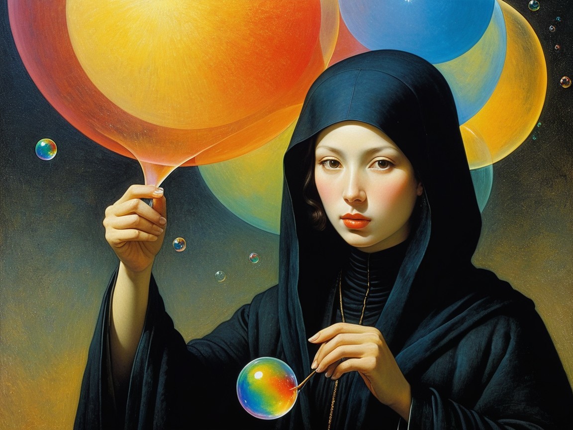 Mysterious Figure with Bubbles in Dreamlike Setting