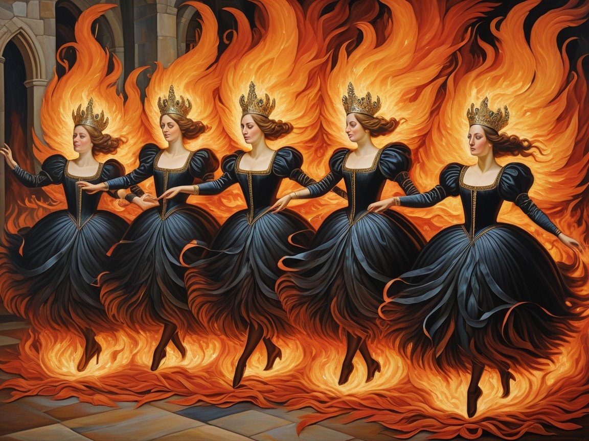 Five Women in Black Gowns with Fiery Crowns