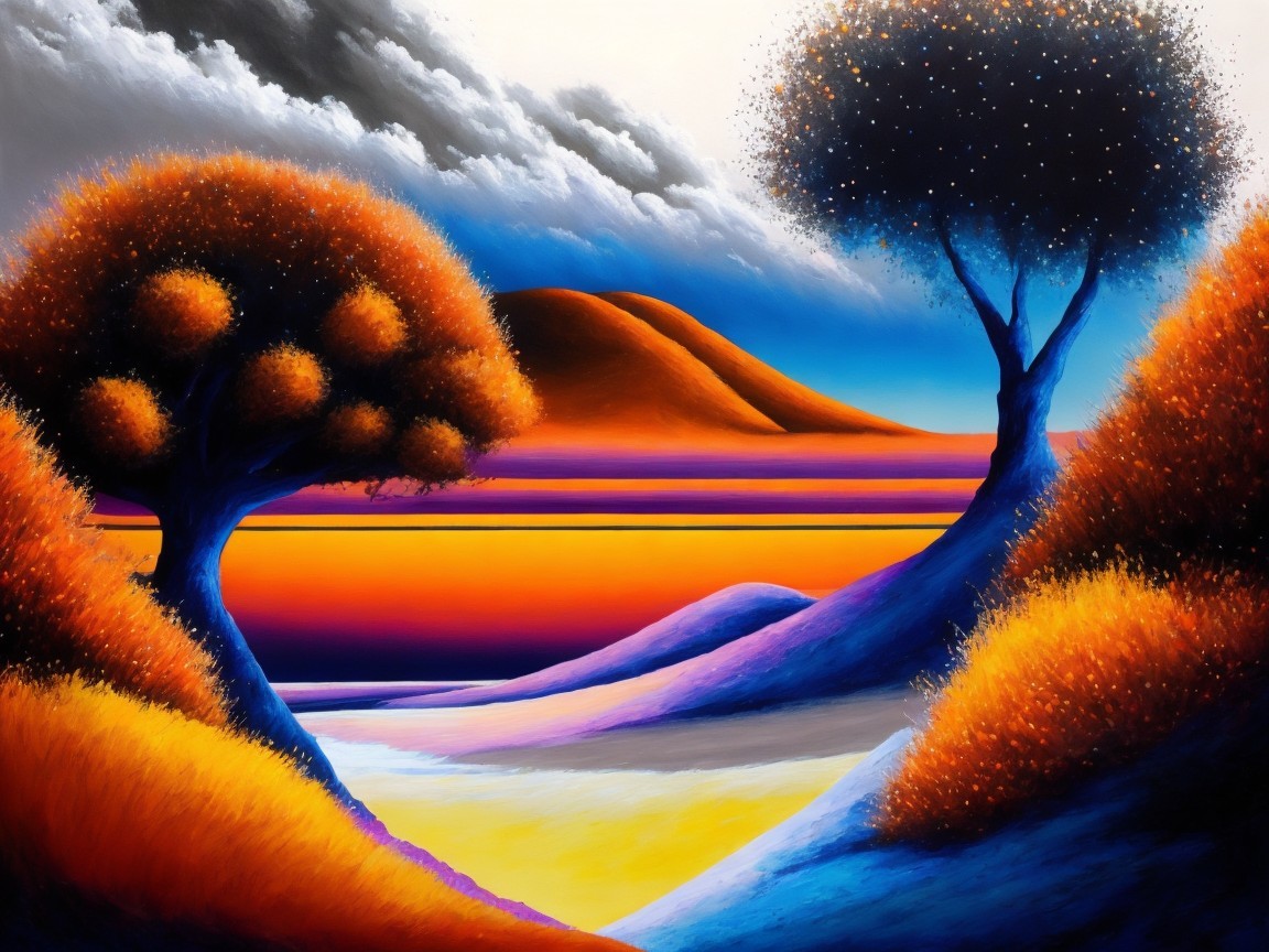 Surreal Landscape with Fantastical Trees and Sunset Sky