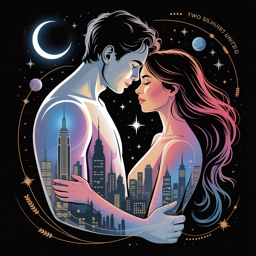Silhouette Couple Against Cosmic Cityscape Background