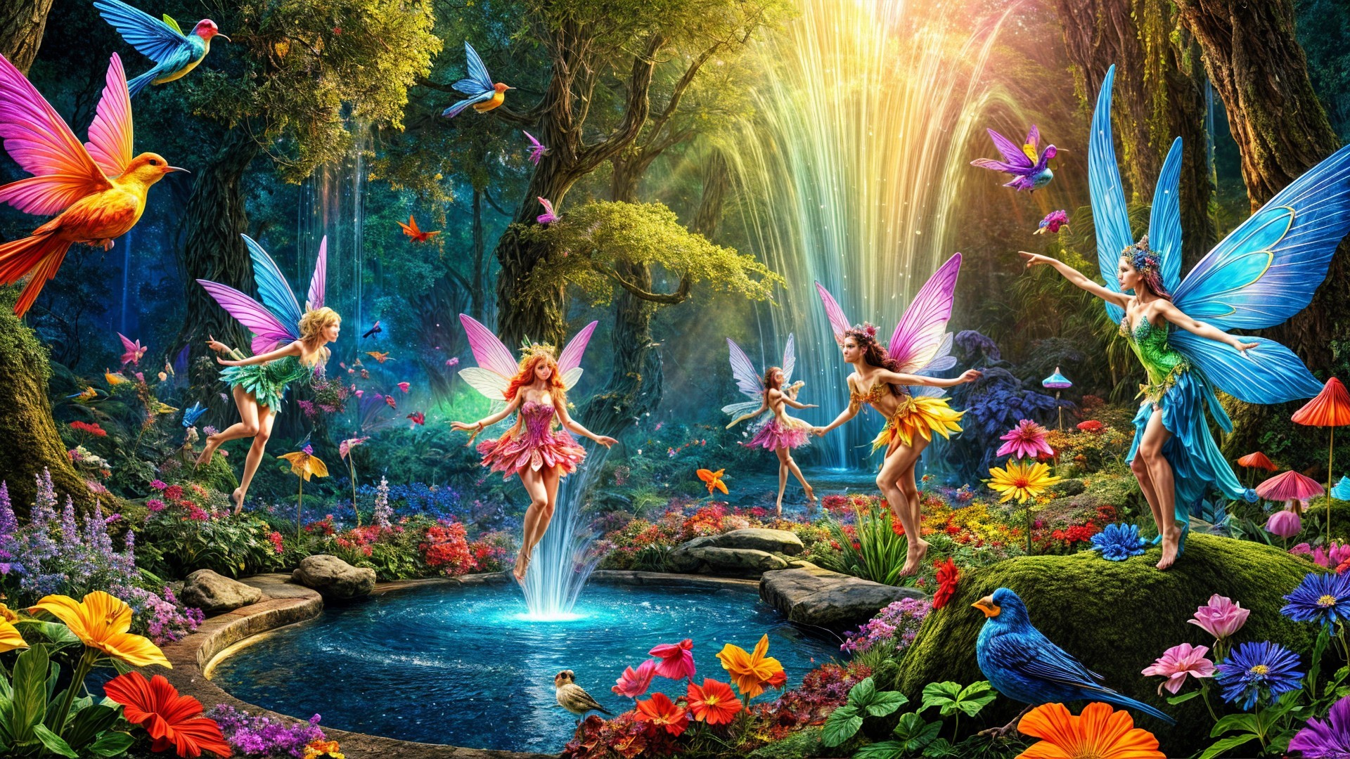 Vibrant Forest Scene with Fairies and Colorful Flowers