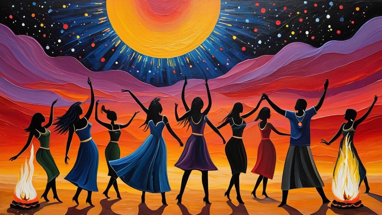 Silhouetted Black Women Dancing in Vibrant Desert Scene