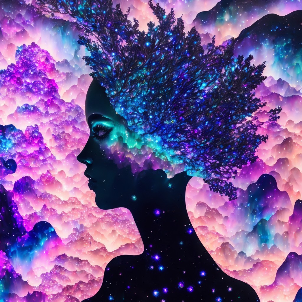 Silhouette of a Woman Against a Cosmic Background