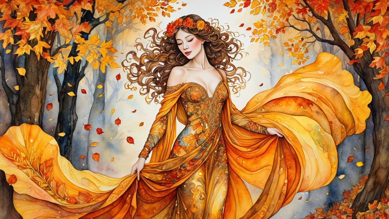Woman in flowing gown among autumn trees