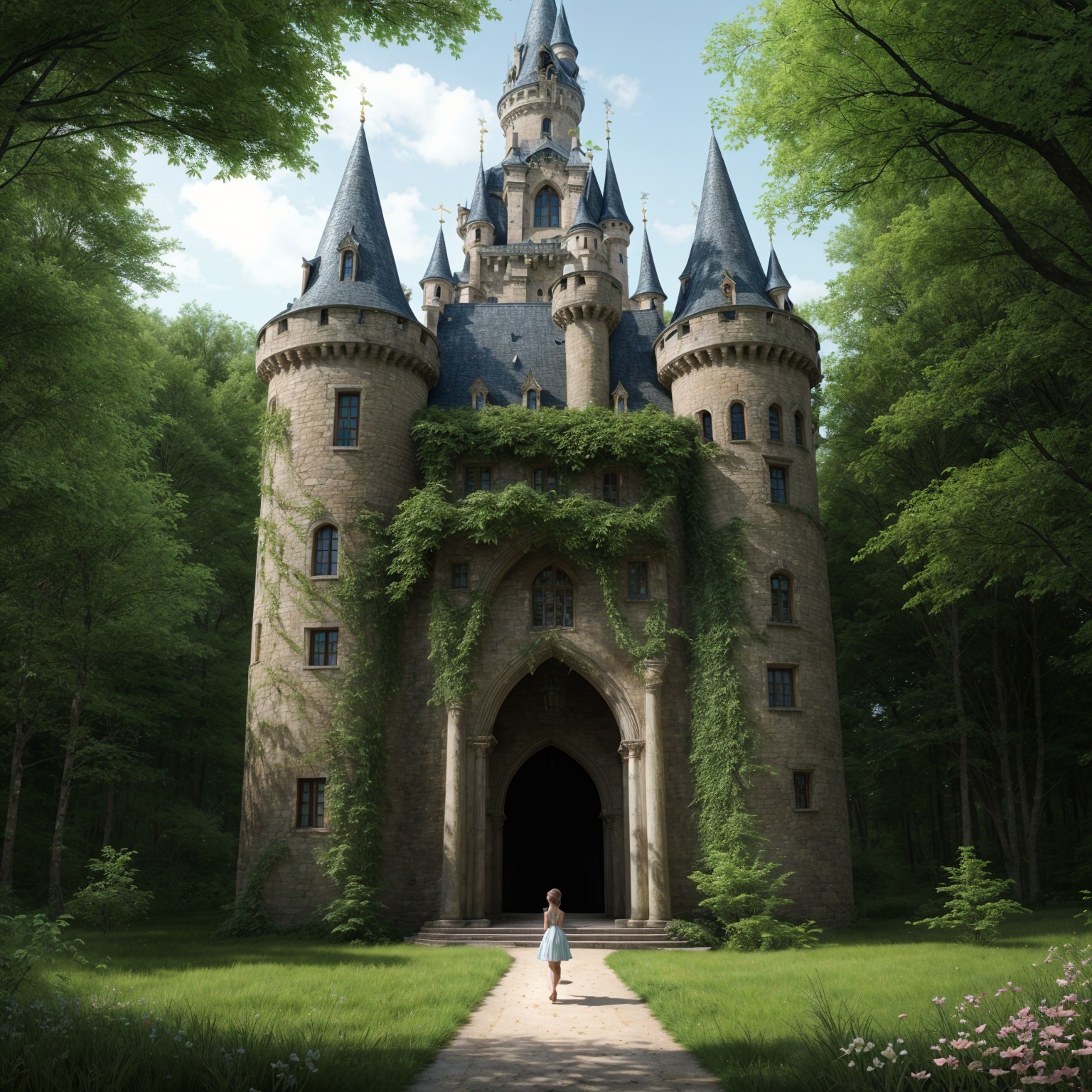 Fairytale Castle Surrounded by Lush Green Forest