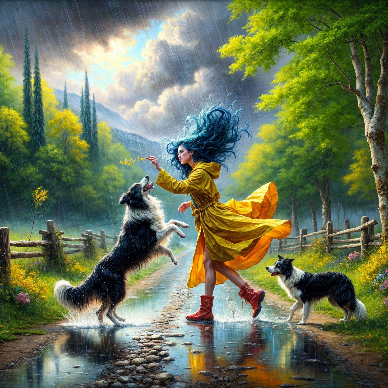 Joyful Woman in Yellow Raincoat with Border Collies