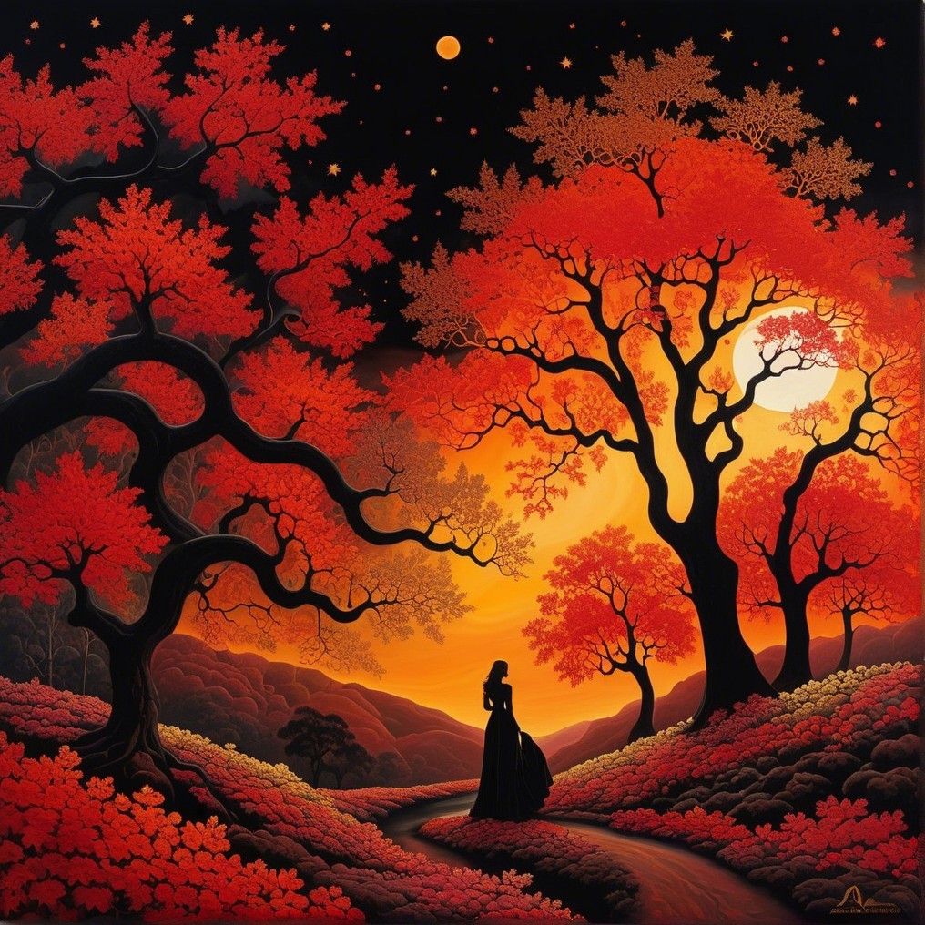 Autumn Landscape with Winding Path and Sunset Sky
