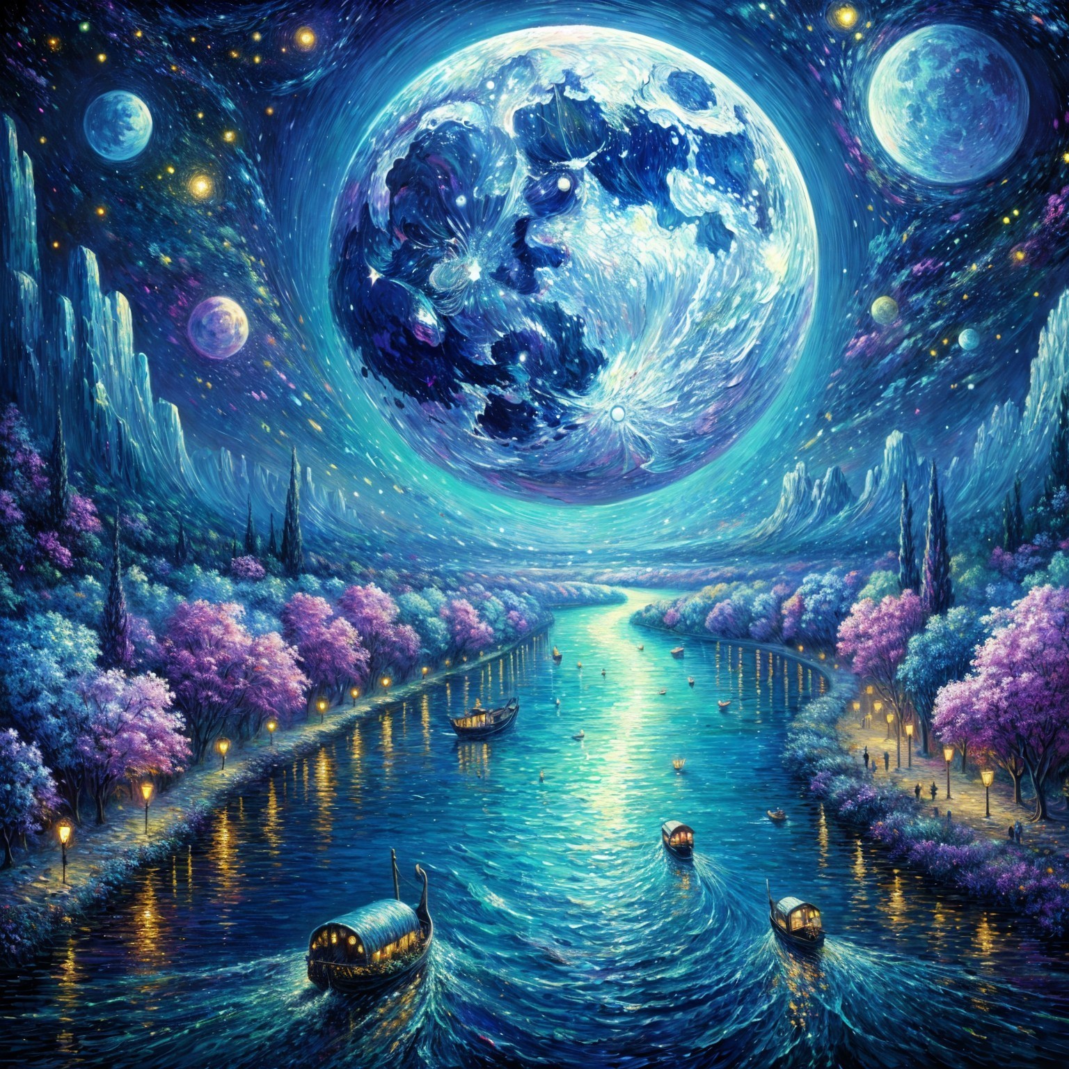 Vibrant Nightscape with Moonlit River and Stars
