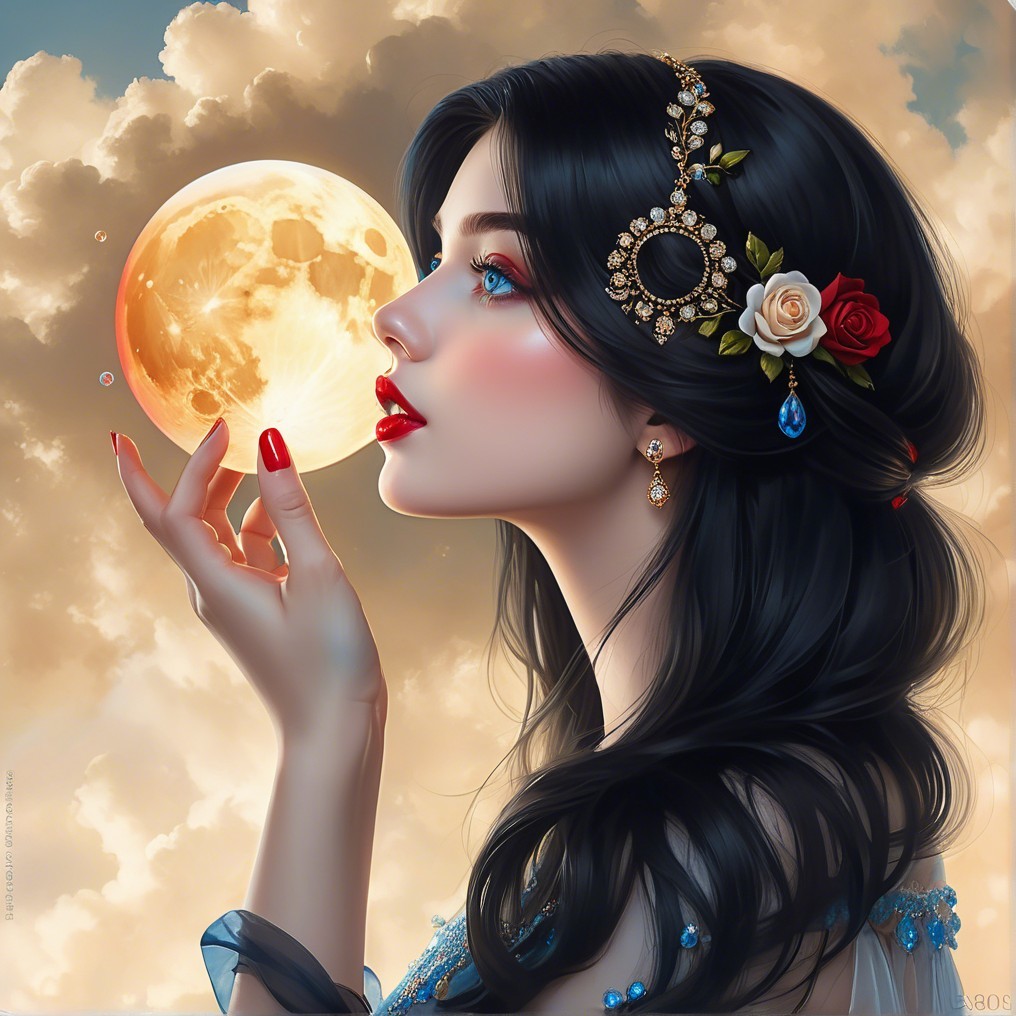 Woman in Elegant Dress Gazing at Full Moon