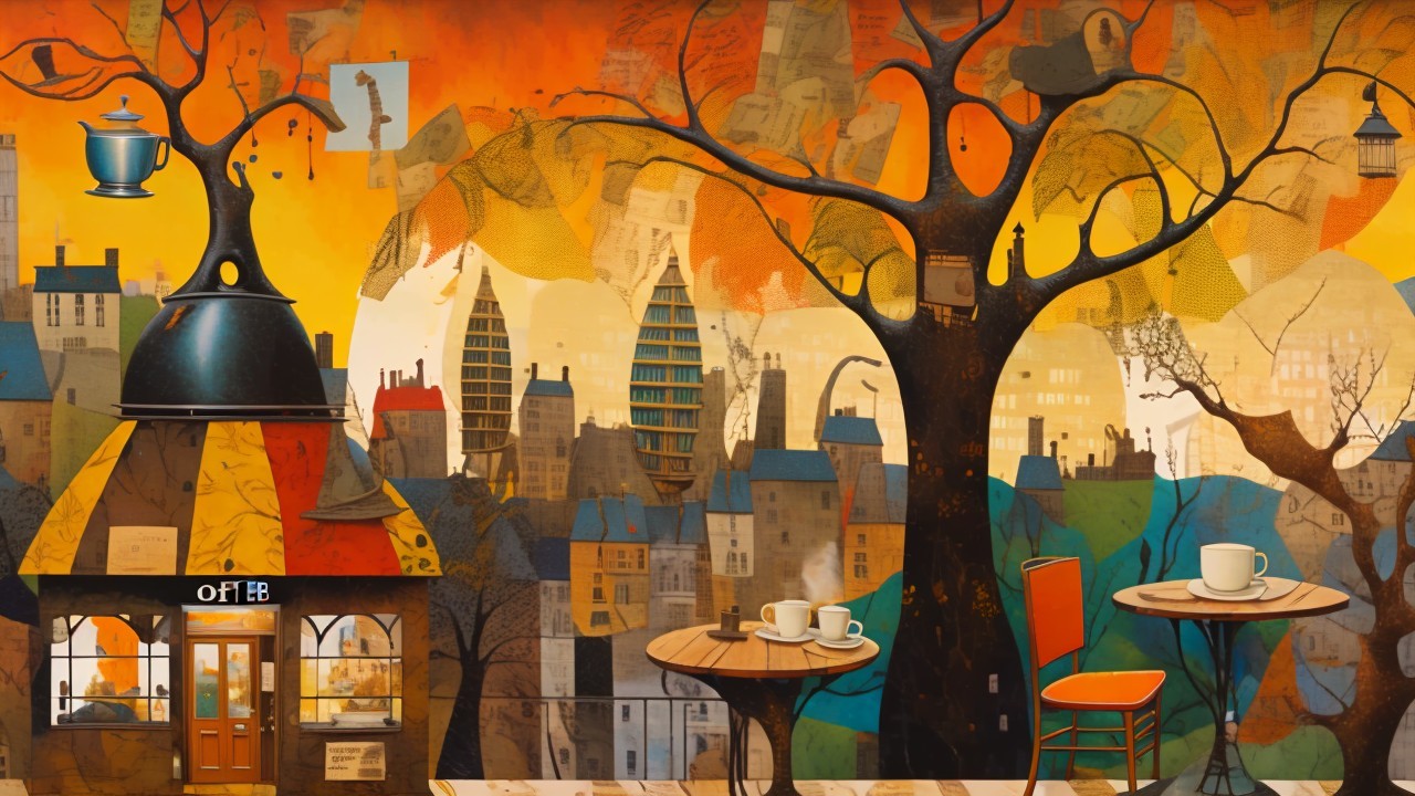 Vibrant Mural of Cozy Café Scene Under Tree