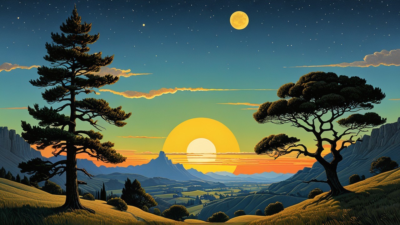 Serene Dusk Landscape with Rolling Hills and Trees