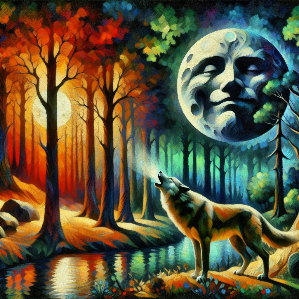 Wolf by River Howling at Moon with Autumn Trees